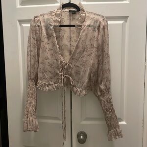 Sheer floral, long sleeve pull tie blouse